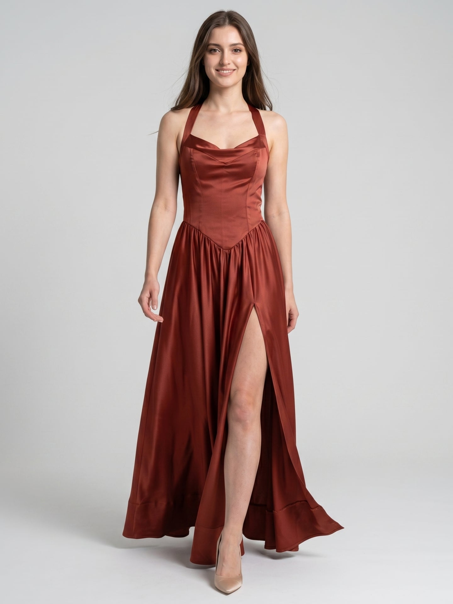 Wine Satin A-Line V-Neck Criss-Cross Straps Floor-Length Bridesmaid Dress