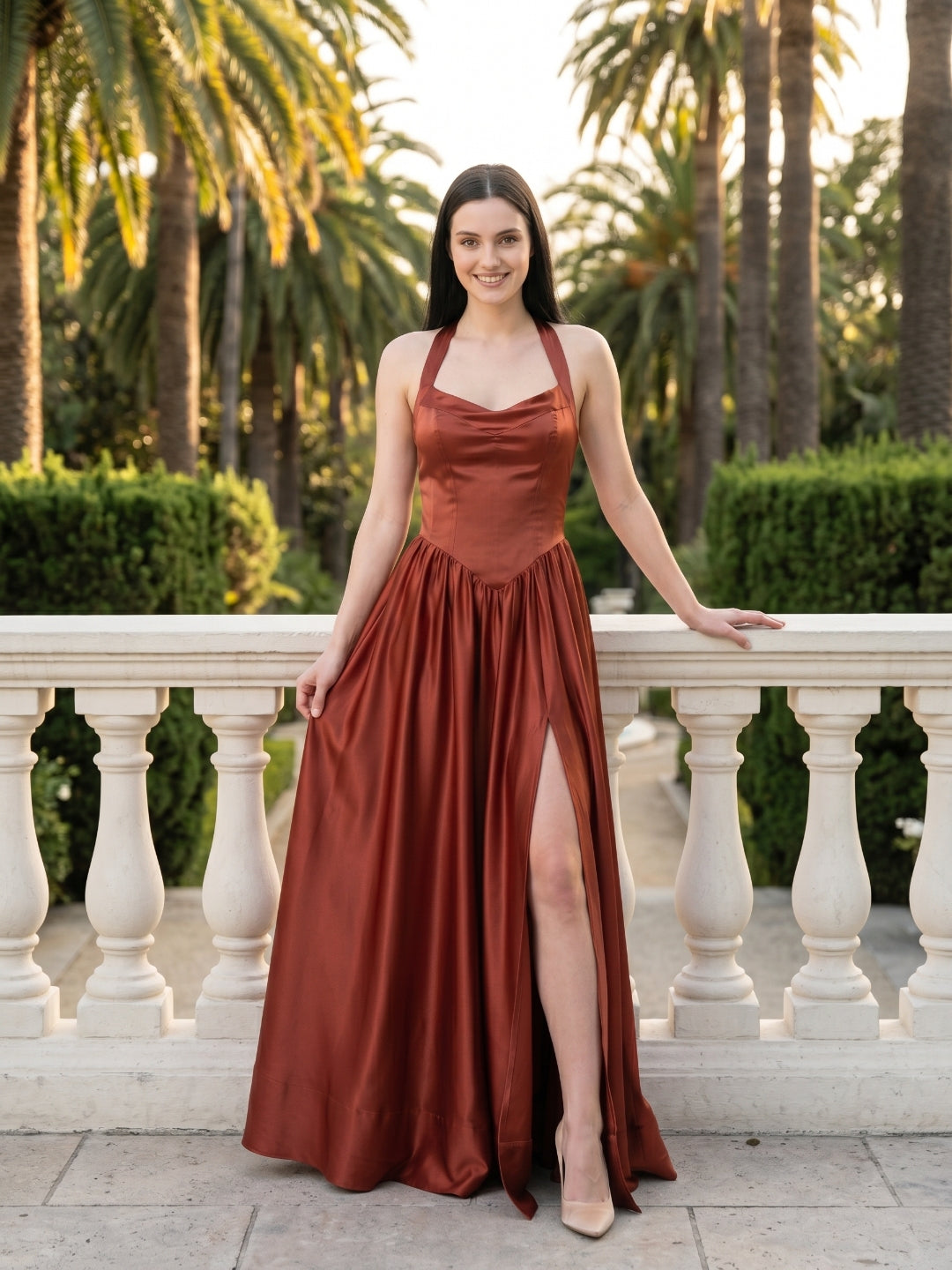Wine Satin A-Line V-Neck Criss-Cross Straps Floor-Length Bridesmaid Dress