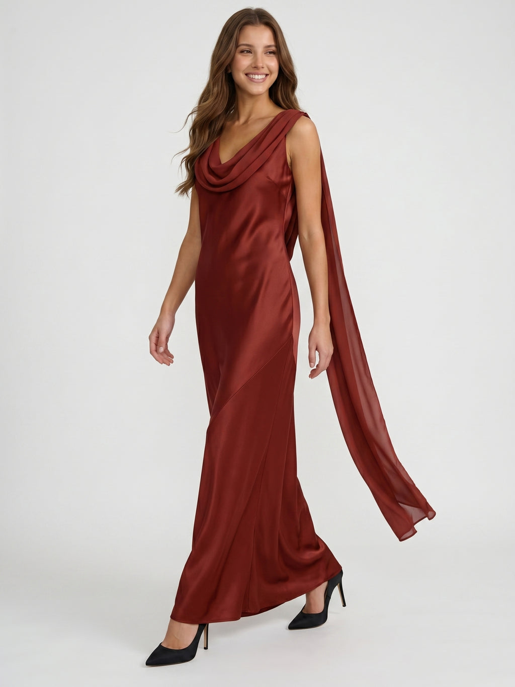 Wine Satin Sheath Cowl Neck Floor-Length Bridesmaid Dress with Cape