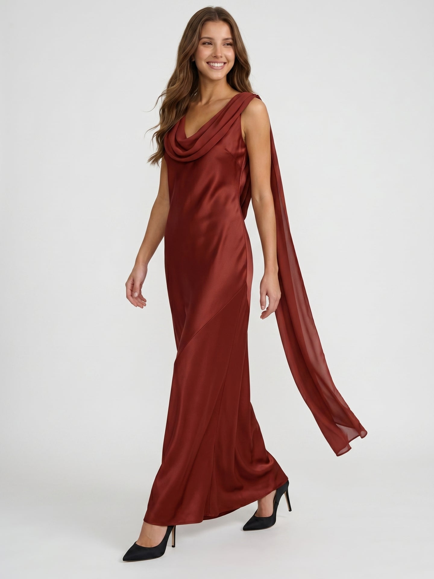 Wine Satin Sheath Cowl Neck Floor-Length Bridesmaid Dress with Cape