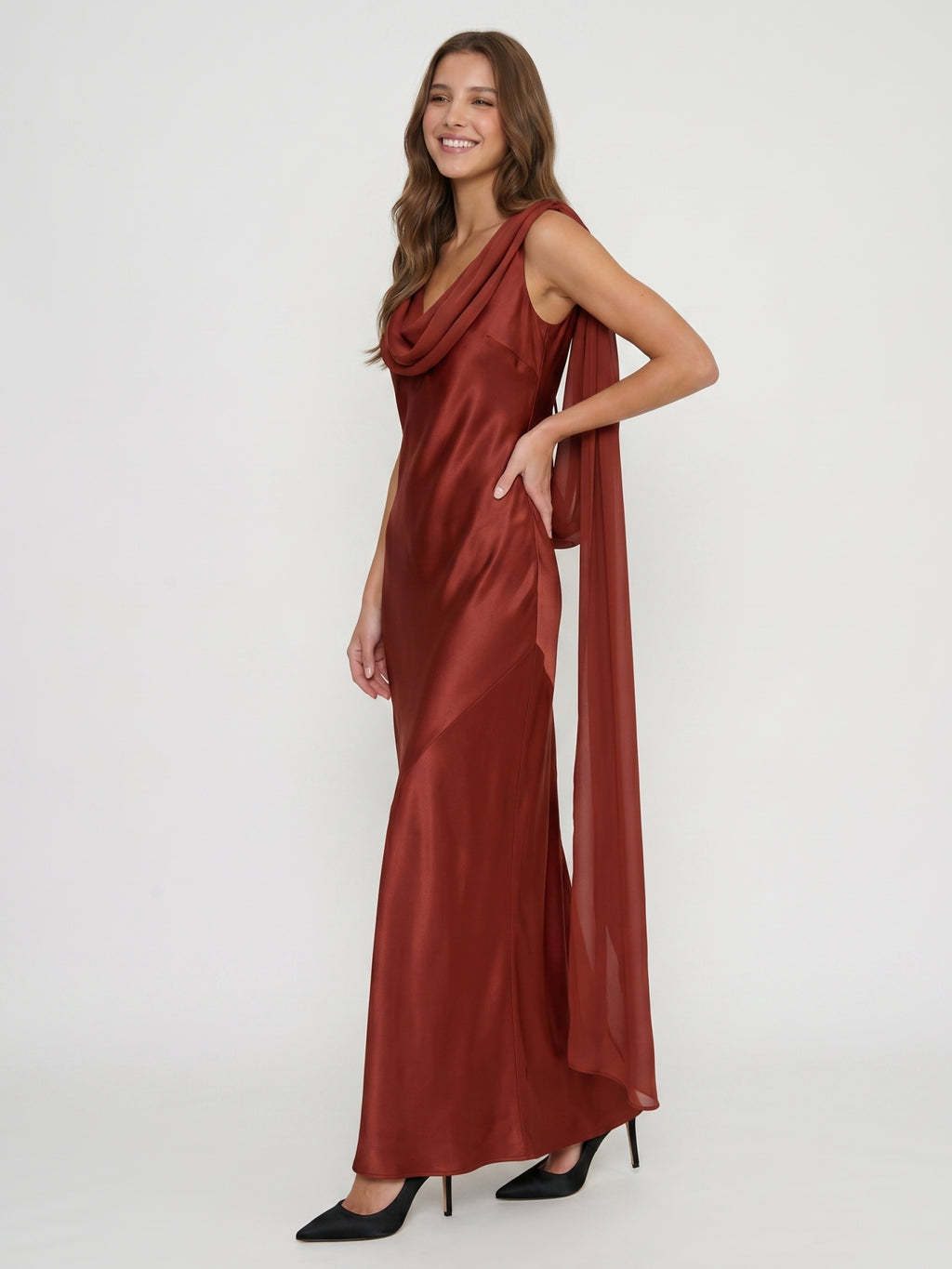 Wine Satin Sheath Cowl Neck Floor-Length Bridesmaid Dress with Cape