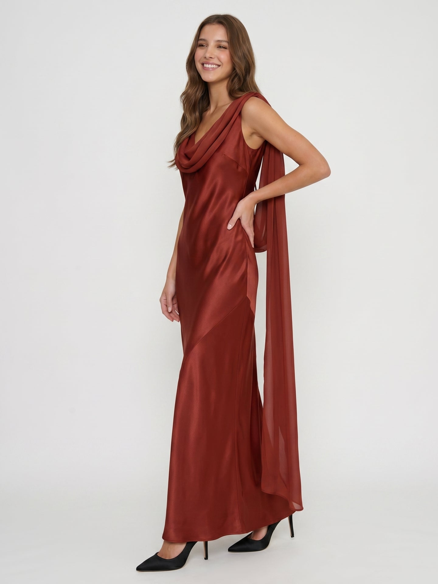Wine Satin Sheath Cowl Neck Floor-Length Bridesmaid Dress with Cape
