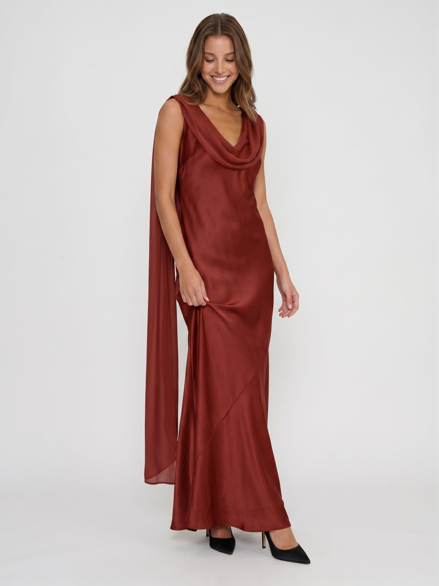 Wine Satin Sheath Cowl Neck Floor-Length Bridesmaid Dress with Cape
