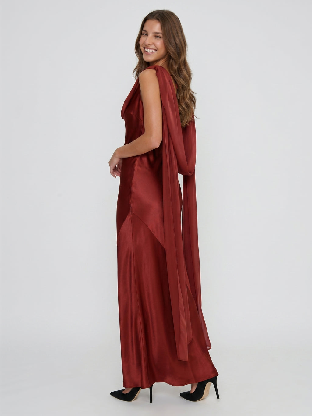 Wine Satin Sheath Cowl Neck Floor-Length Bridesmaid Dress with Cape