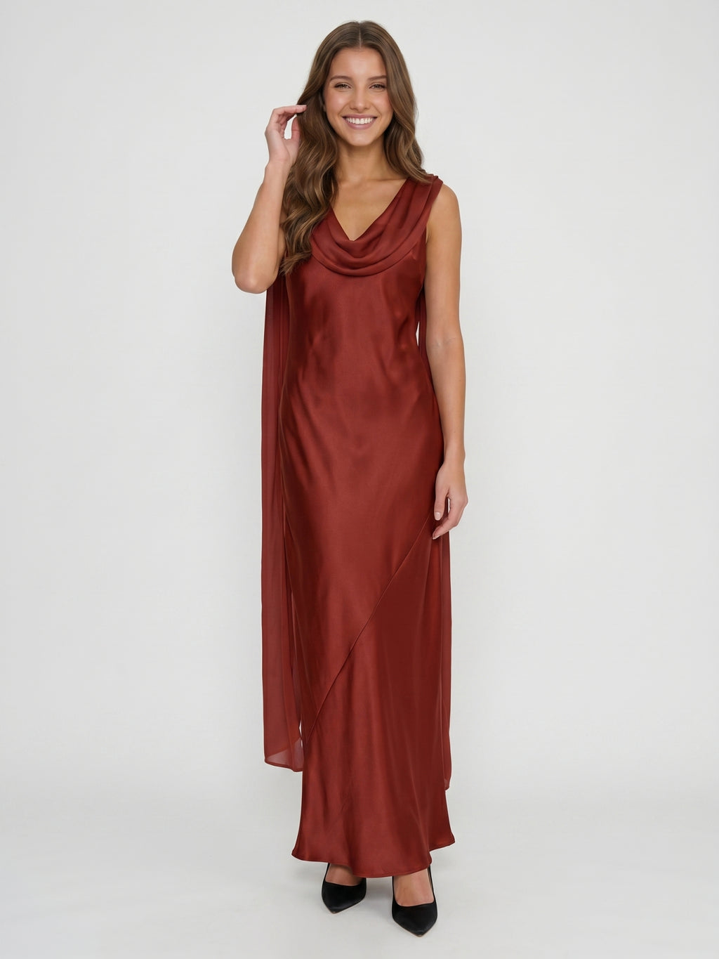 Wine Satin Sheath Cowl Neck Floor-Length Bridesmaid Dress with Cape