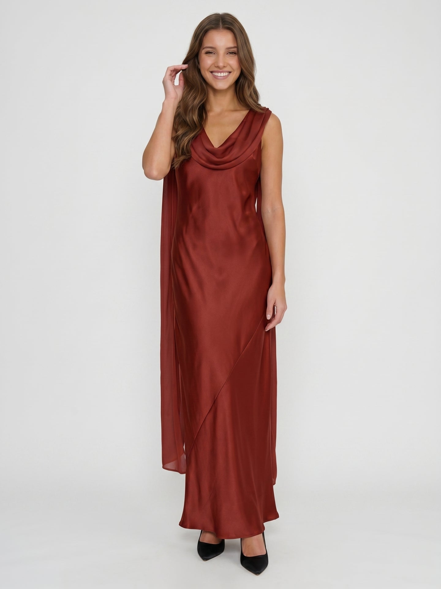 Wine Satin Sheath Cowl Neck Floor-Length Bridesmaid Dress with Cape