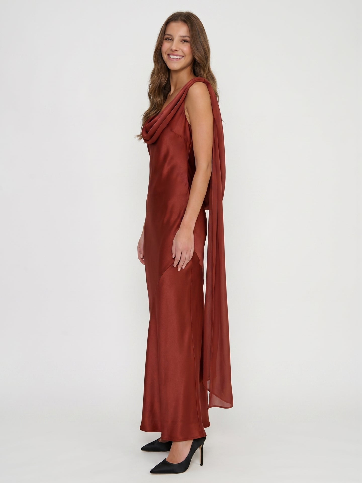 Wine Satin Sheath Cowl Neck Floor-Length Bridesmaid Dress with Cape