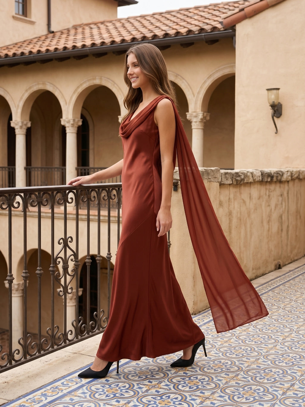 Wine Satin Sheath Cowl Neck Floor-Length Bridesmaid Dress with Cape