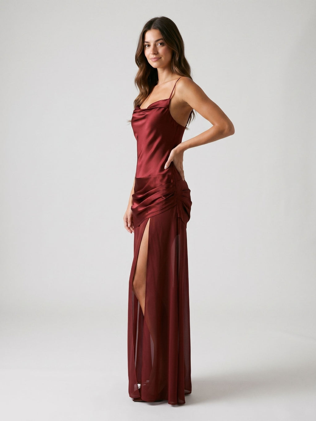 Wine Satin Sheath Cowl Neck Side Zip Floor-Length Evening Dress