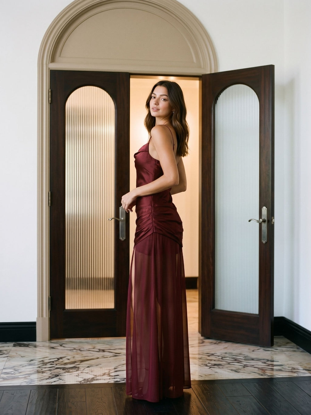 Wine Satin Sheath Cowl Neck Side Zip Floor-Length Evening Dress