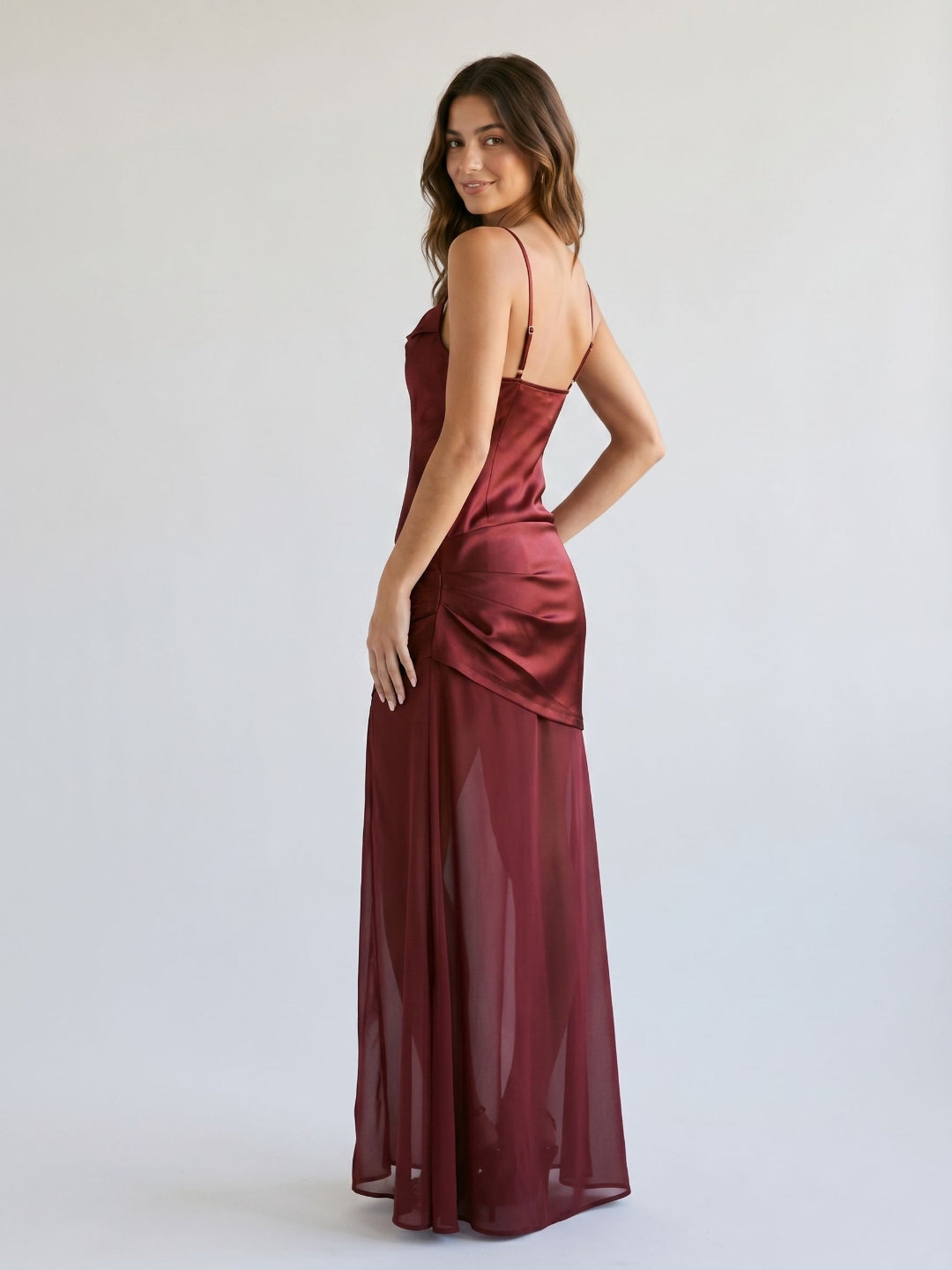 Wine Satin Sheath Cowl Neck Side Zip Floor-Length Evening Dress