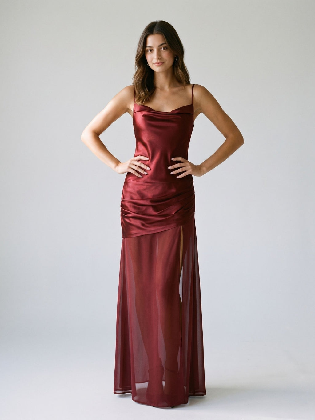 Wine Satin Sheath Cowl Neck Side Zip Floor-Length Evening Dress