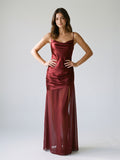 Wine Satin Sheath Cowl Neck Side Zip Floor-Length Evening Dress