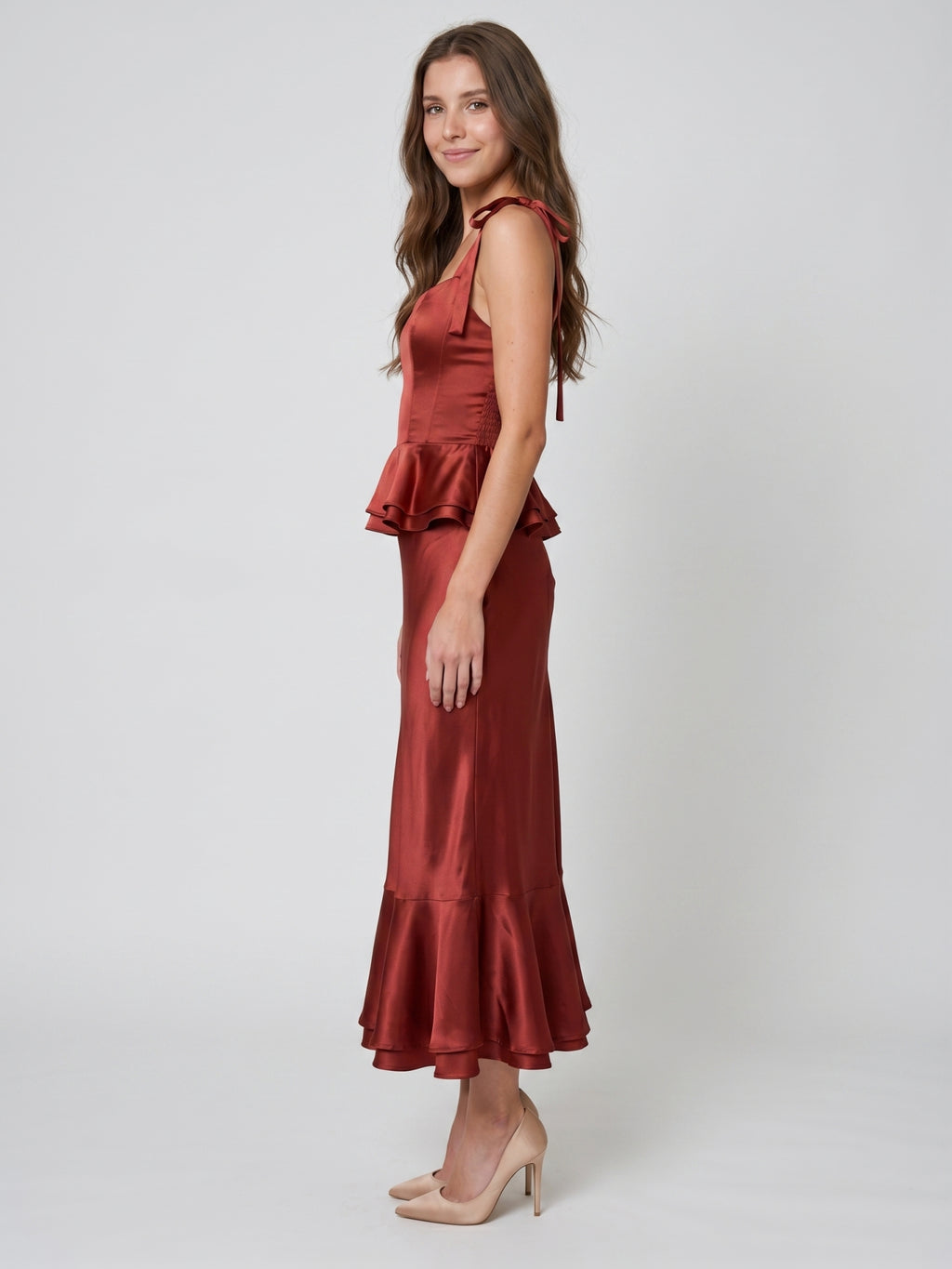 Wine Satin Sheath Halter Back Zip Ankle-Length Bridesmaid Dress with Ruffles