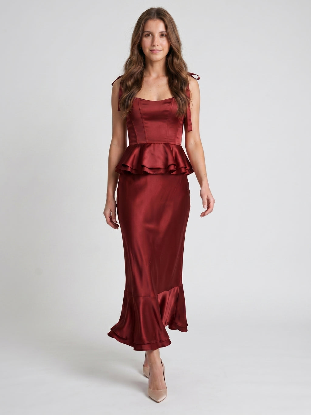 Wine Satin Sheath Halter Back Zip Ankle-Length Bridesmaid Dress with Ruffles