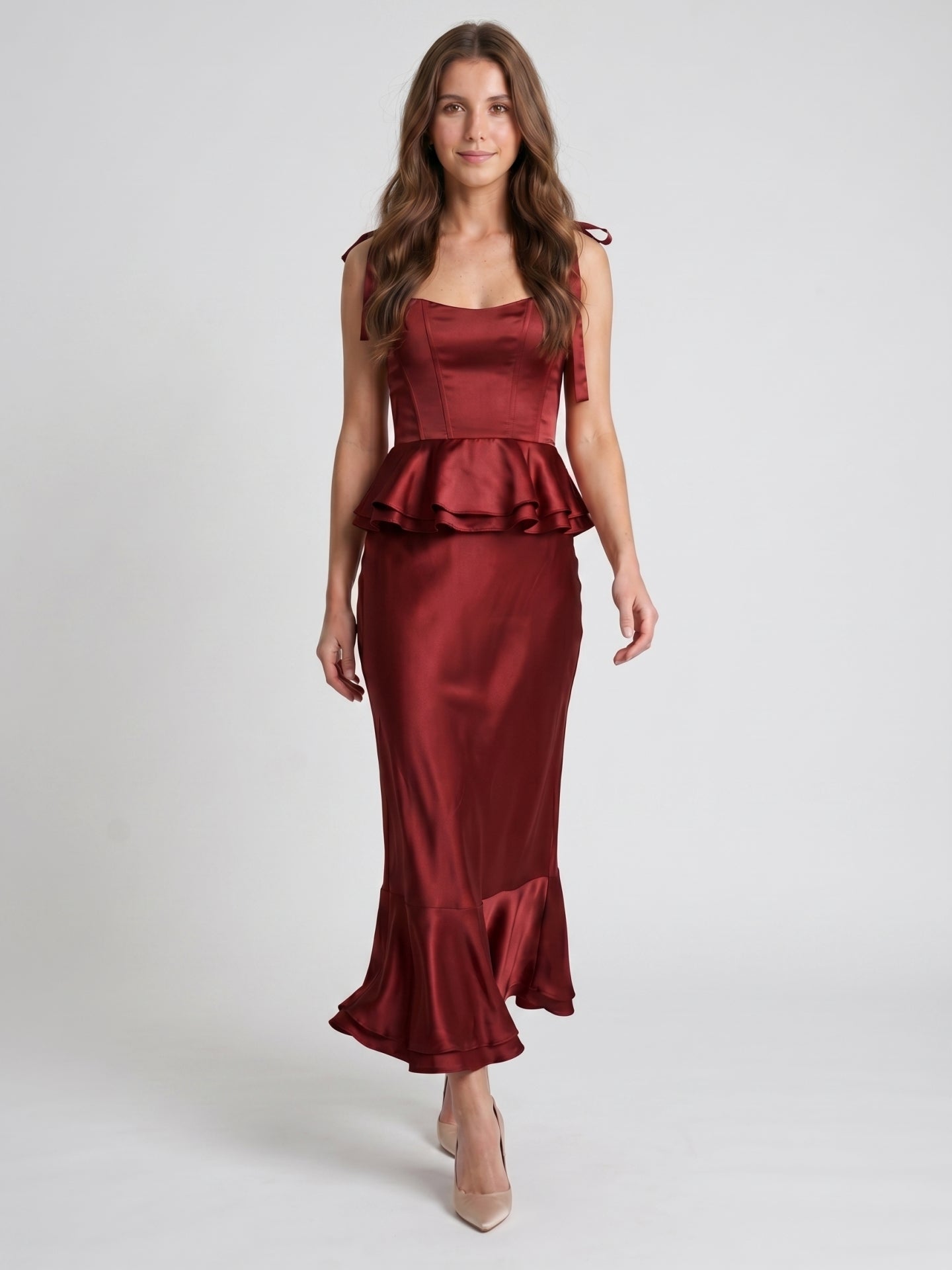 Wine Satin Sheath Halter Back Zip Ankle-Length Bridesmaid Dress with Ruffles