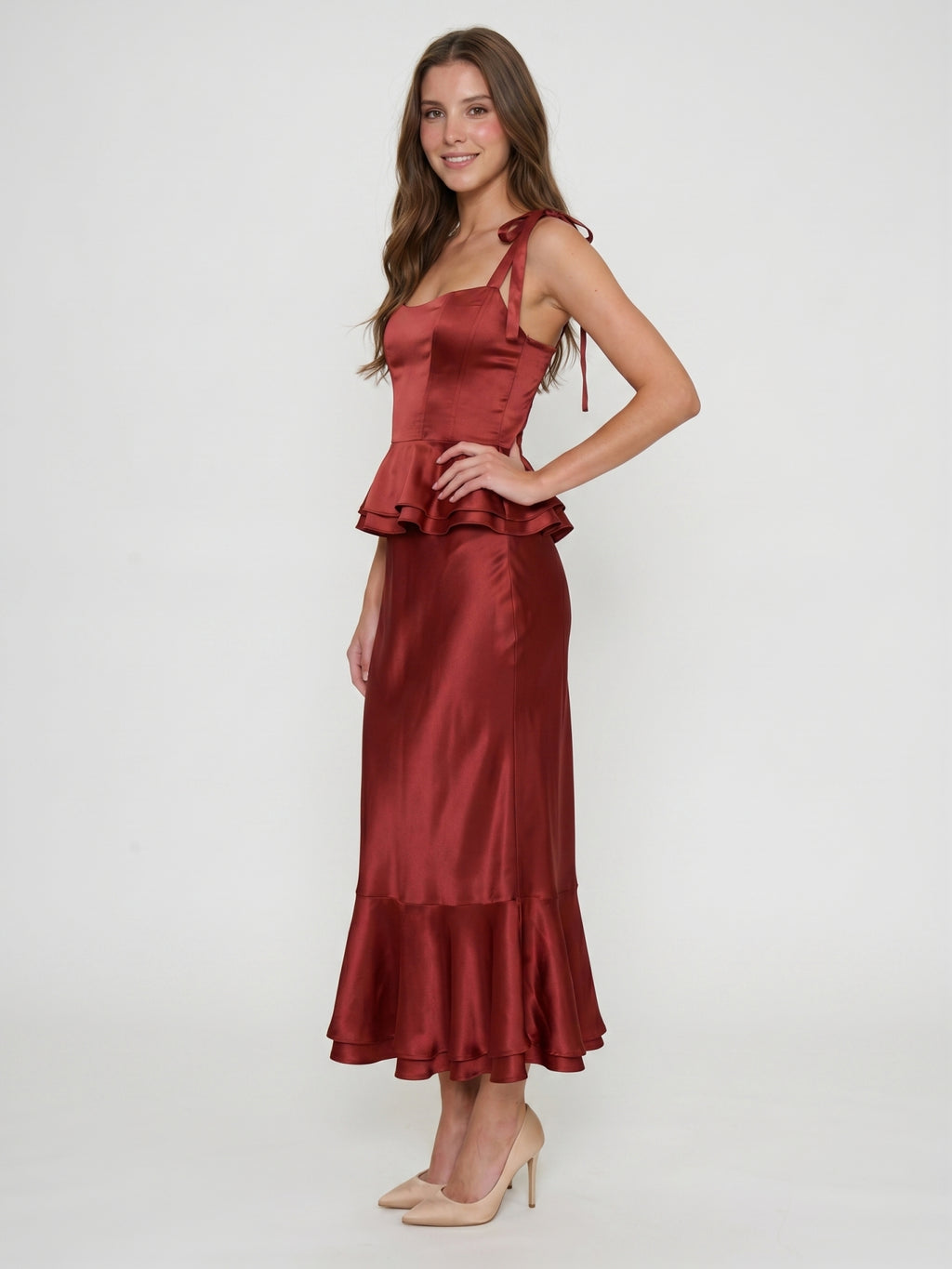Wine Satin Sheath Halter Back Zip Ankle-Length Bridesmaid Dress with Ruffles