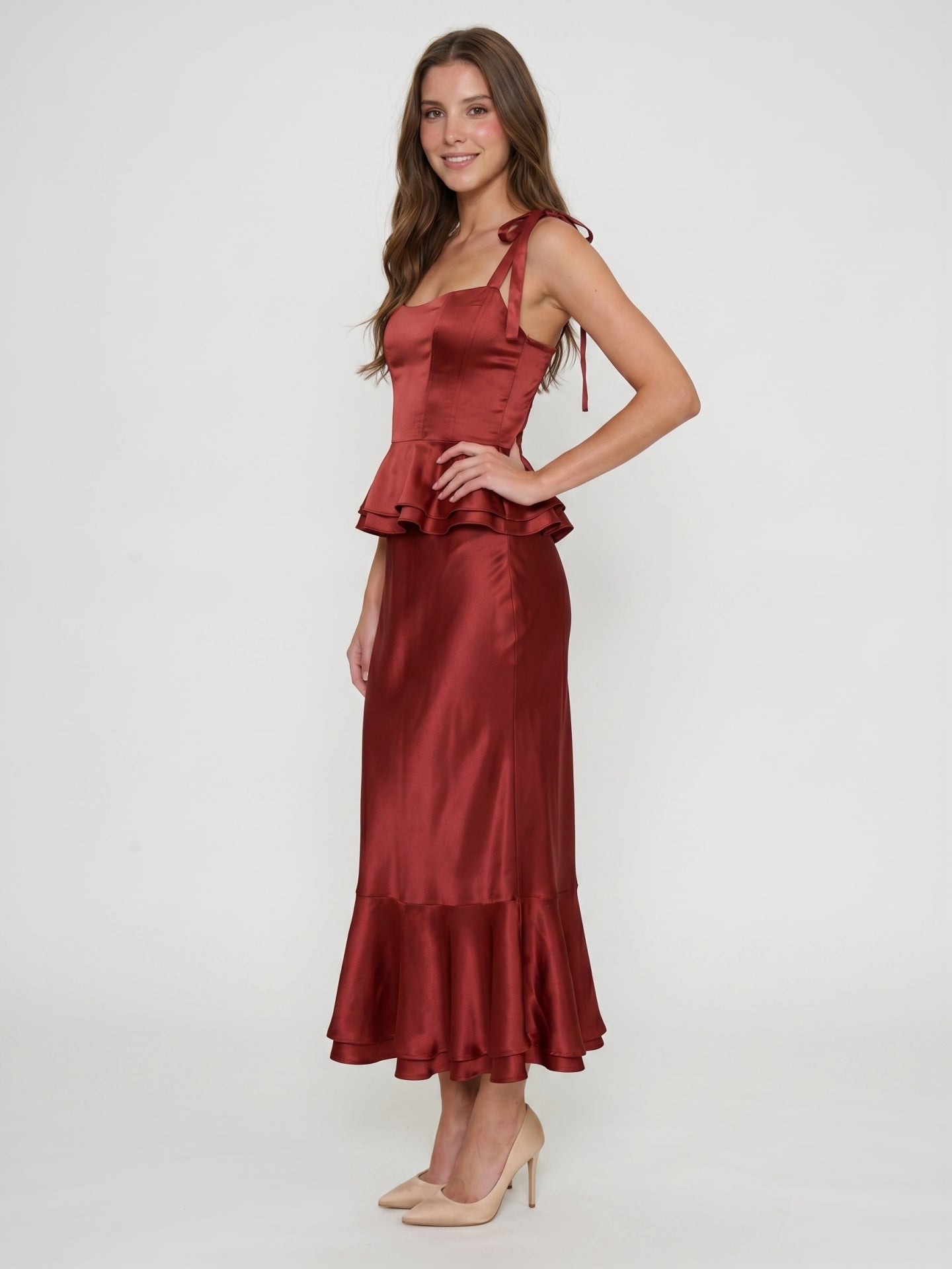 Wine Satin Sheath Halter Back Zip Ankle-Length Bridesmaid Dress with Ruffles