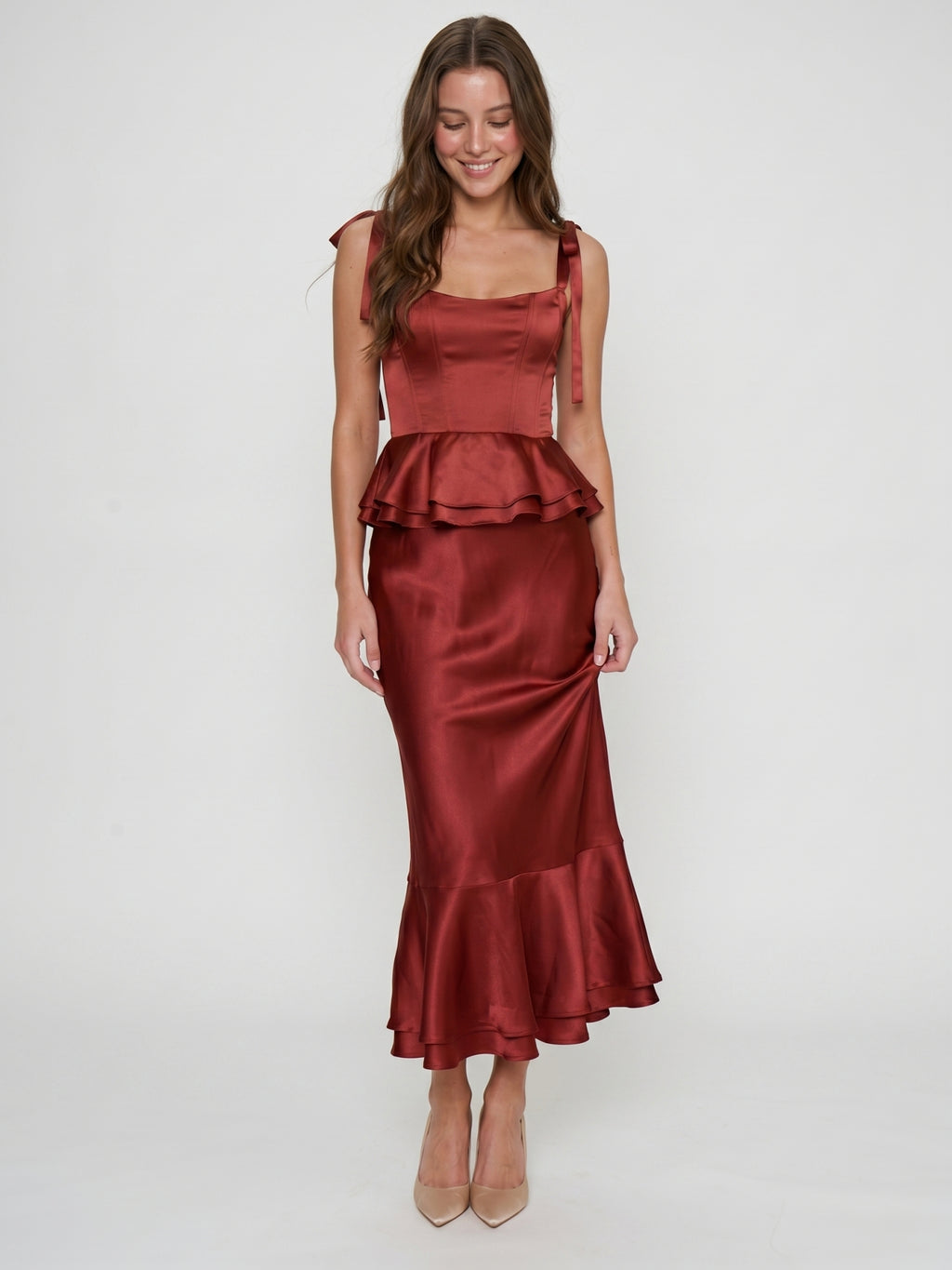 Wine Satin Sheath Halter Back Zip Ankle-Length Bridesmaid Dress with Ruffles