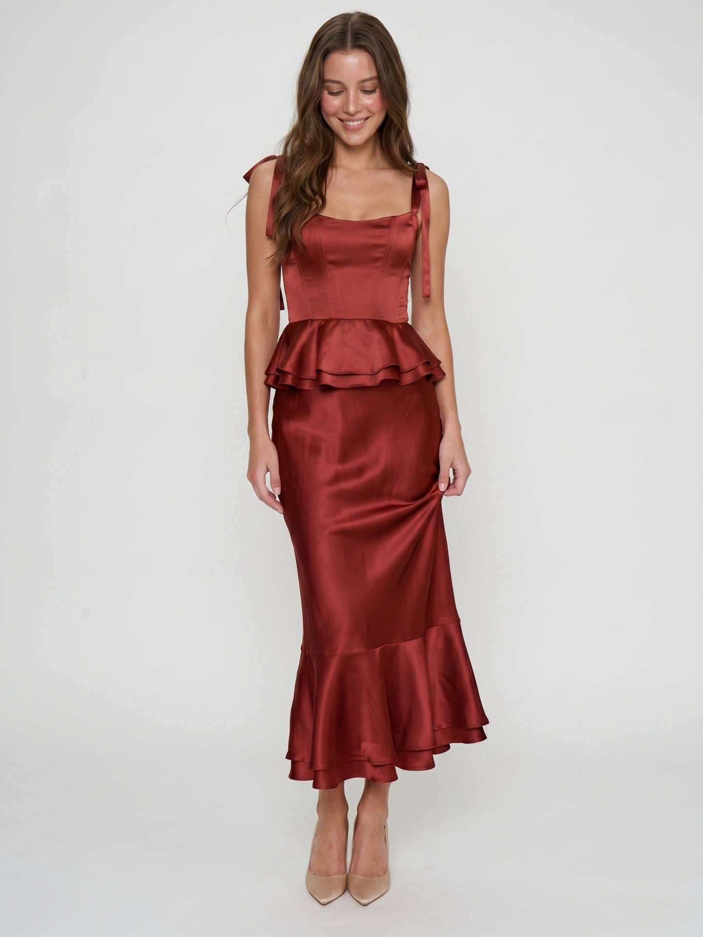 Wine Satin Sheath Halter Back Zip Ankle-Length Bridesmaid Dress with Ruffles