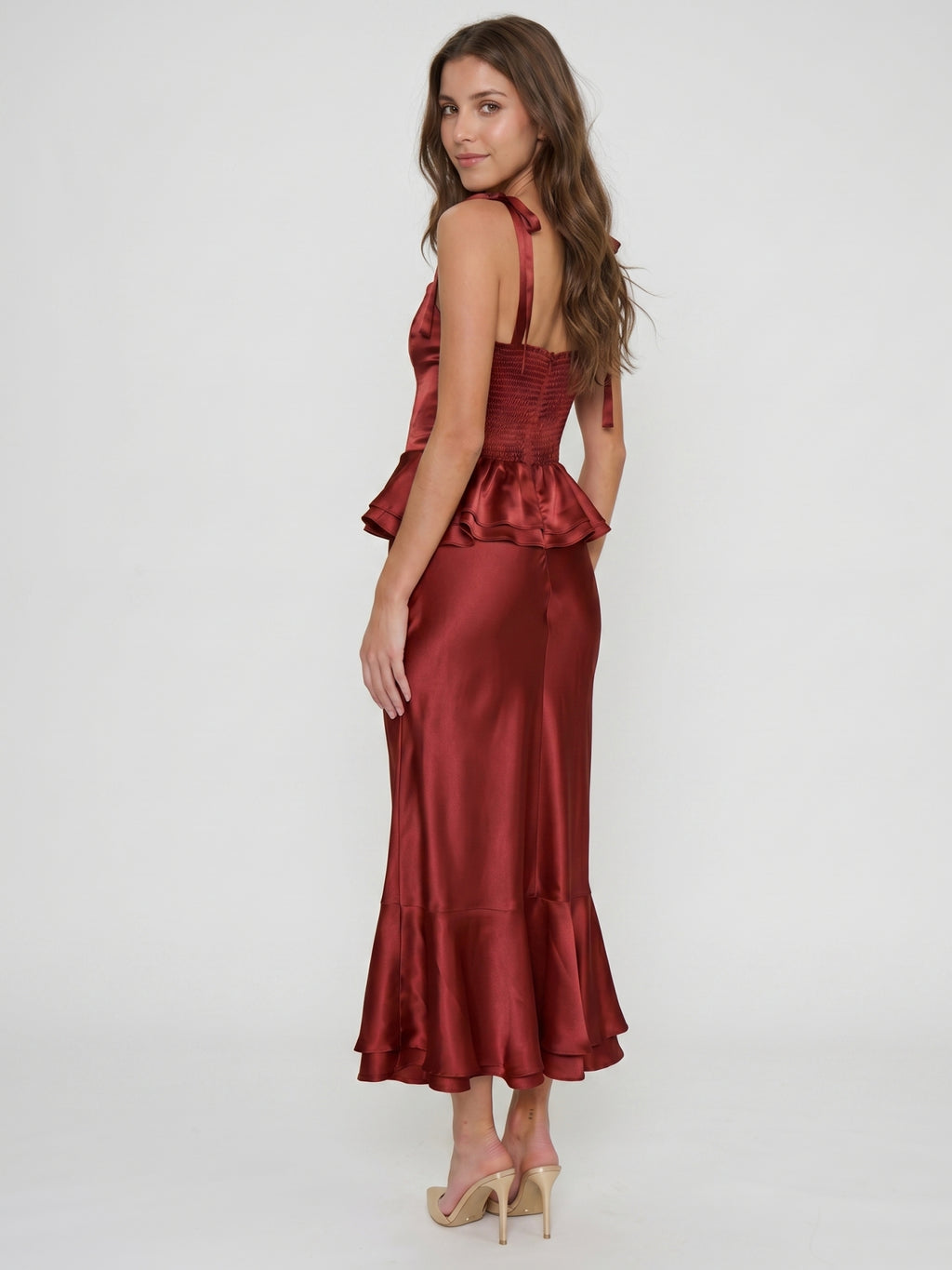 Wine Satin Sheath Halter Back Zip Ankle-Length Bridesmaid Dress with Ruffles