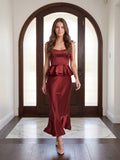 Wine Satin Sheath Halter Back Zip Ankle-Length Bridesmaid Dress with Ruffles