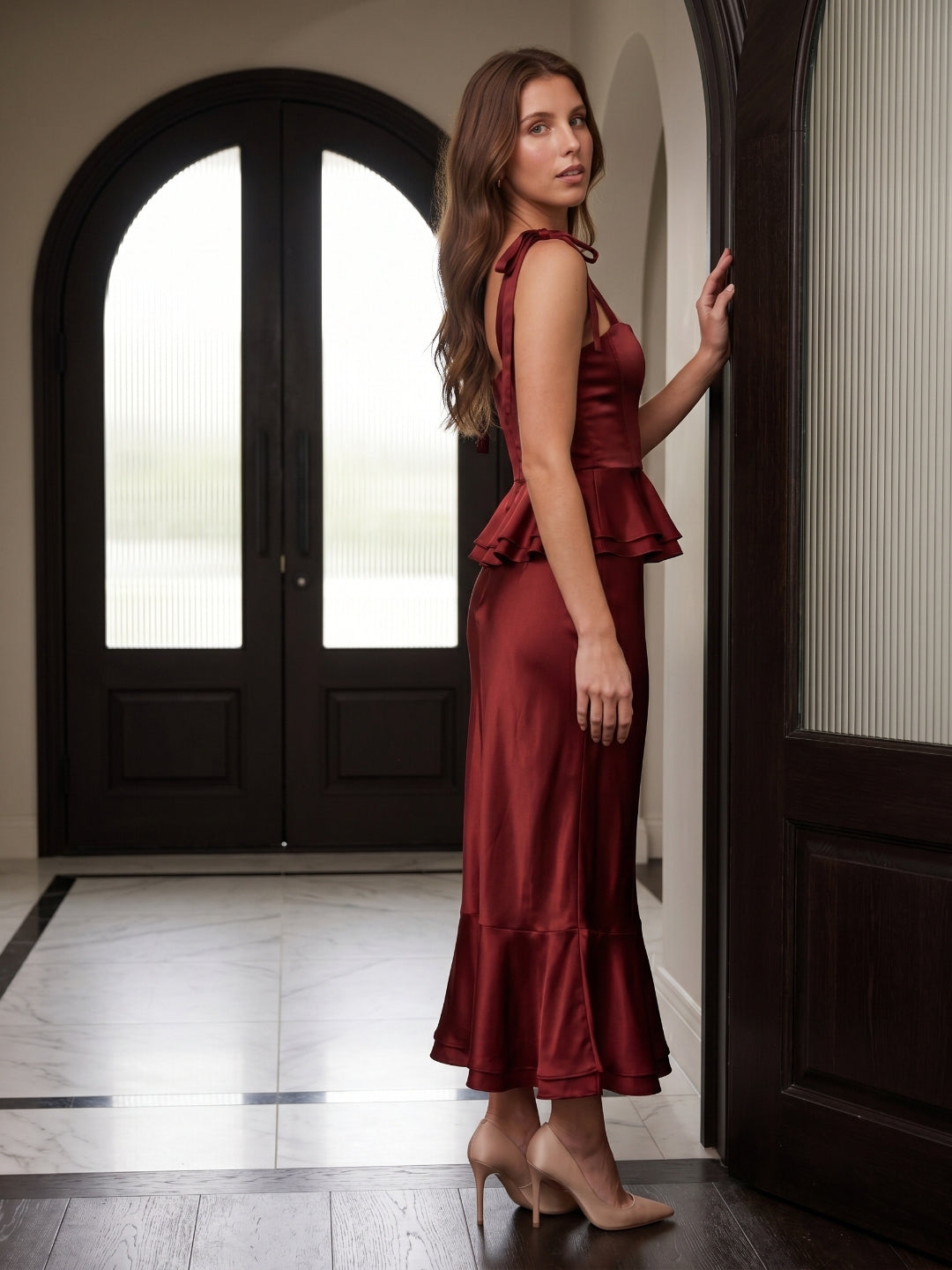 Wine Satin Sheath Halter Back Zip Ankle-Length Bridesmaid Dress with Ruffles