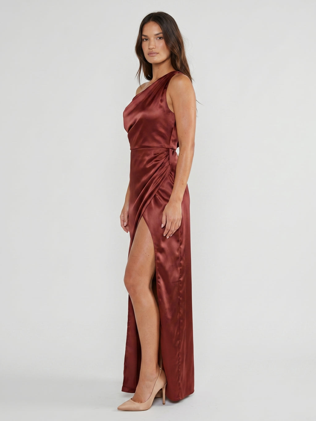 Wine Satin Sheath One Shoulder Side Zip Floor-Length Bridesmaid Dress