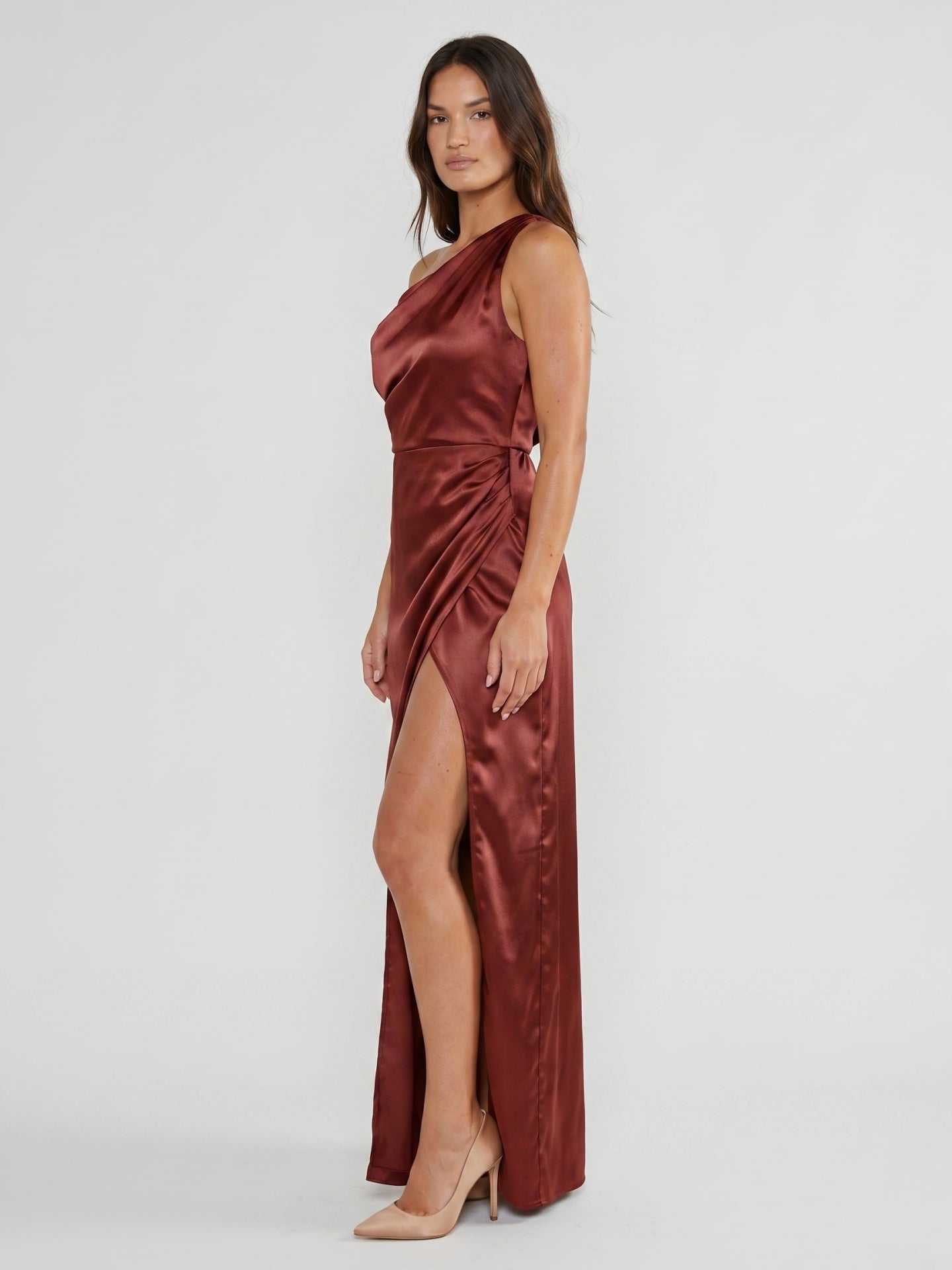 Wine Satin Sheath One Shoulder Side Zip Floor-Length Bridesmaid Dress