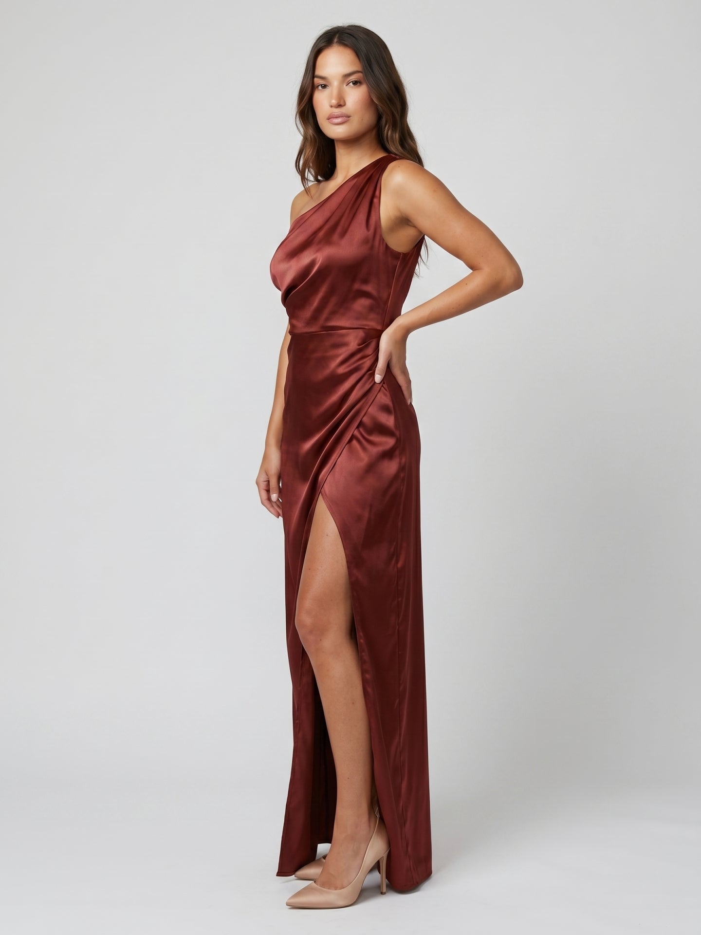 Wine Satin Sheath One Shoulder Side Zip Floor-Length Bridesmaid Dress