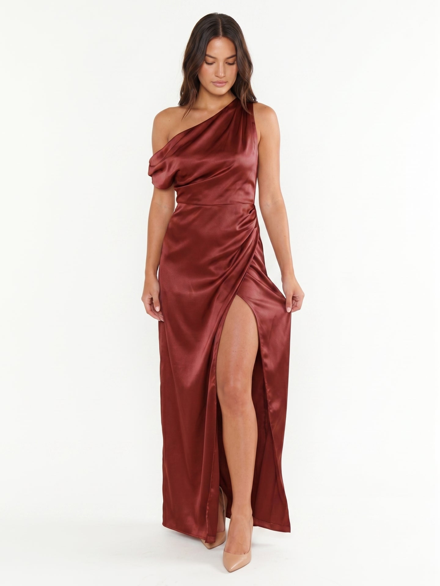 Wine Satin Sheath One Shoulder Side Zip Floor-Length Bridesmaid Dress