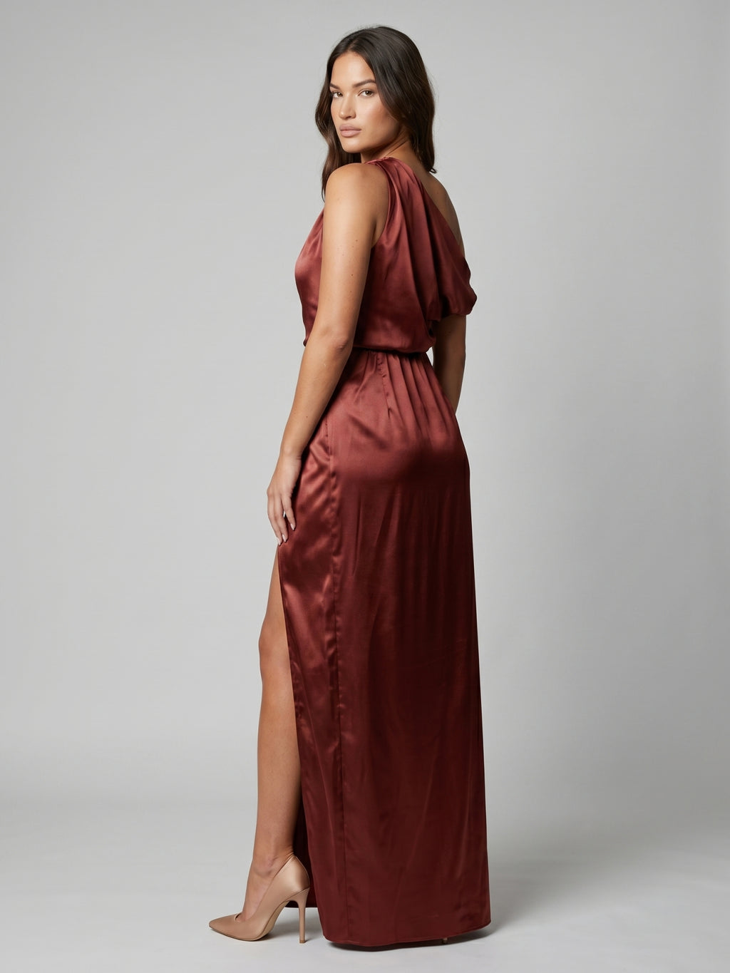 Wine Satin Sheath One Shoulder Side Zip Floor-Length Bridesmaid Dress