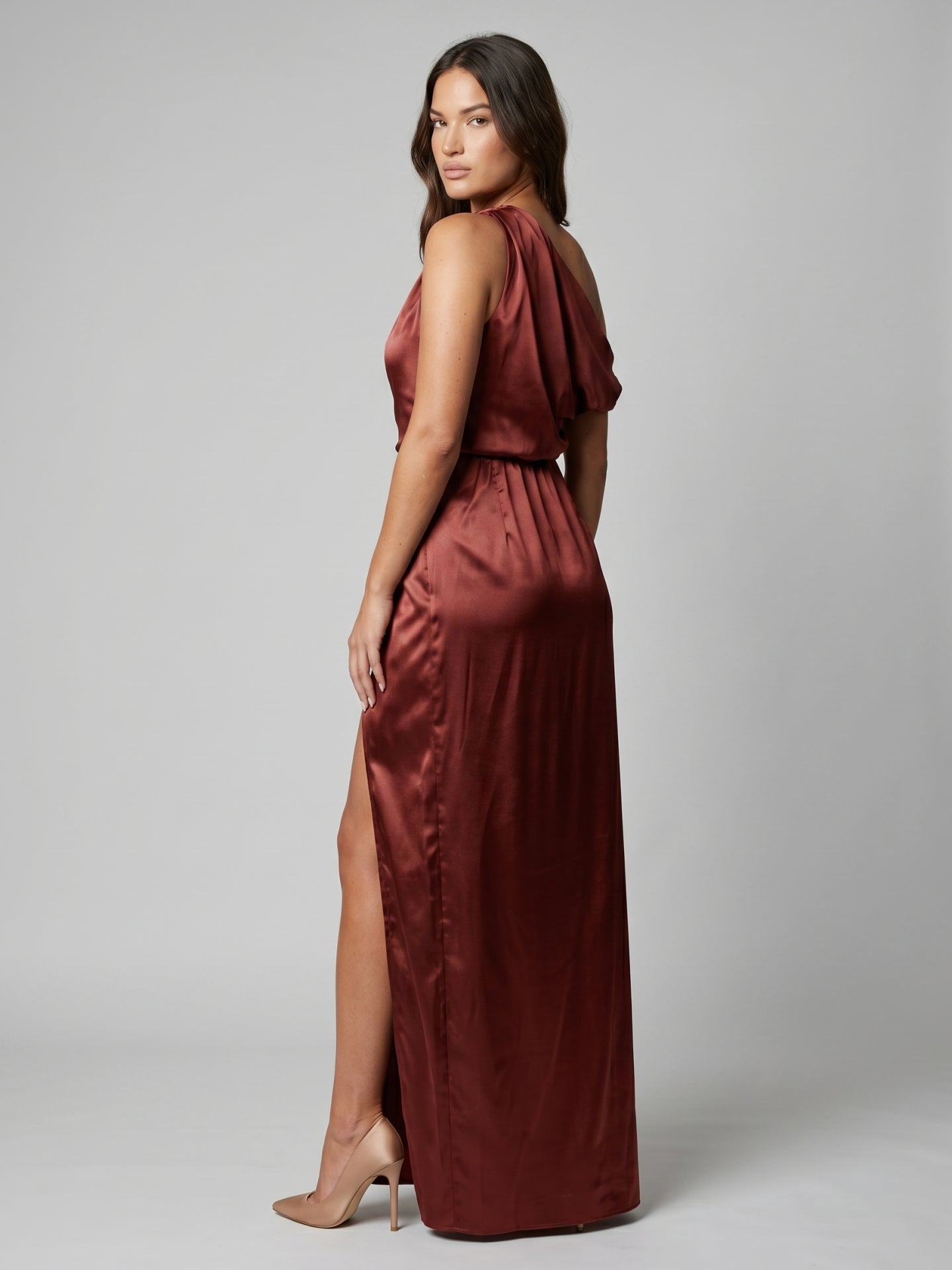 Wine Satin Sheath One Shoulder Side Zip Floor-Length Bridesmaid Dress