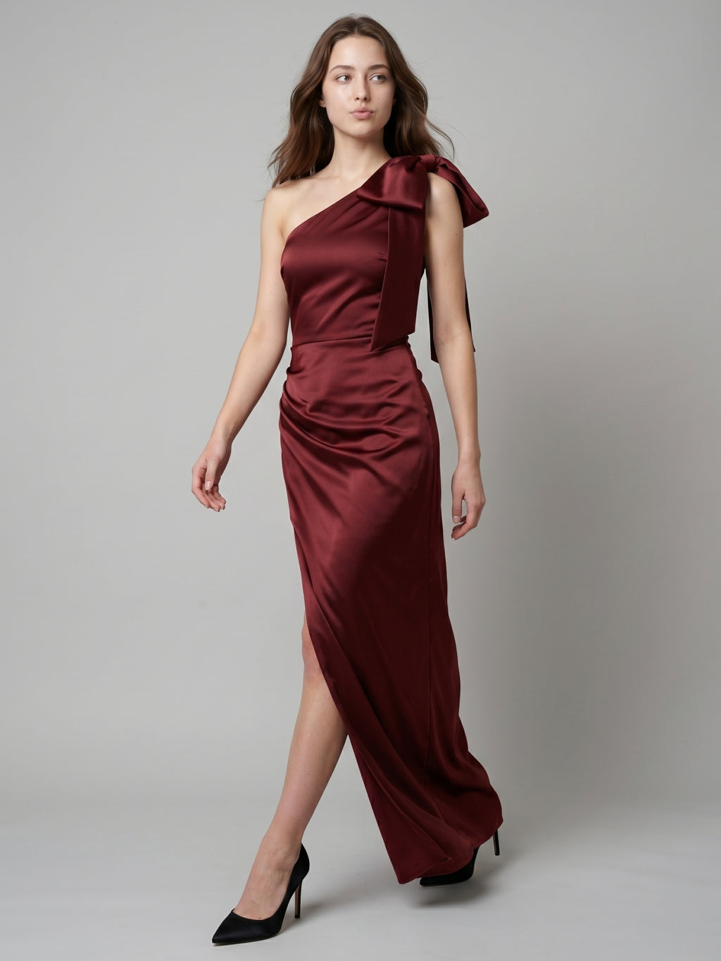 Wine Satin Sheath One Shoulder Side Zip Floor-Length Bridesmaid Dress with Bow