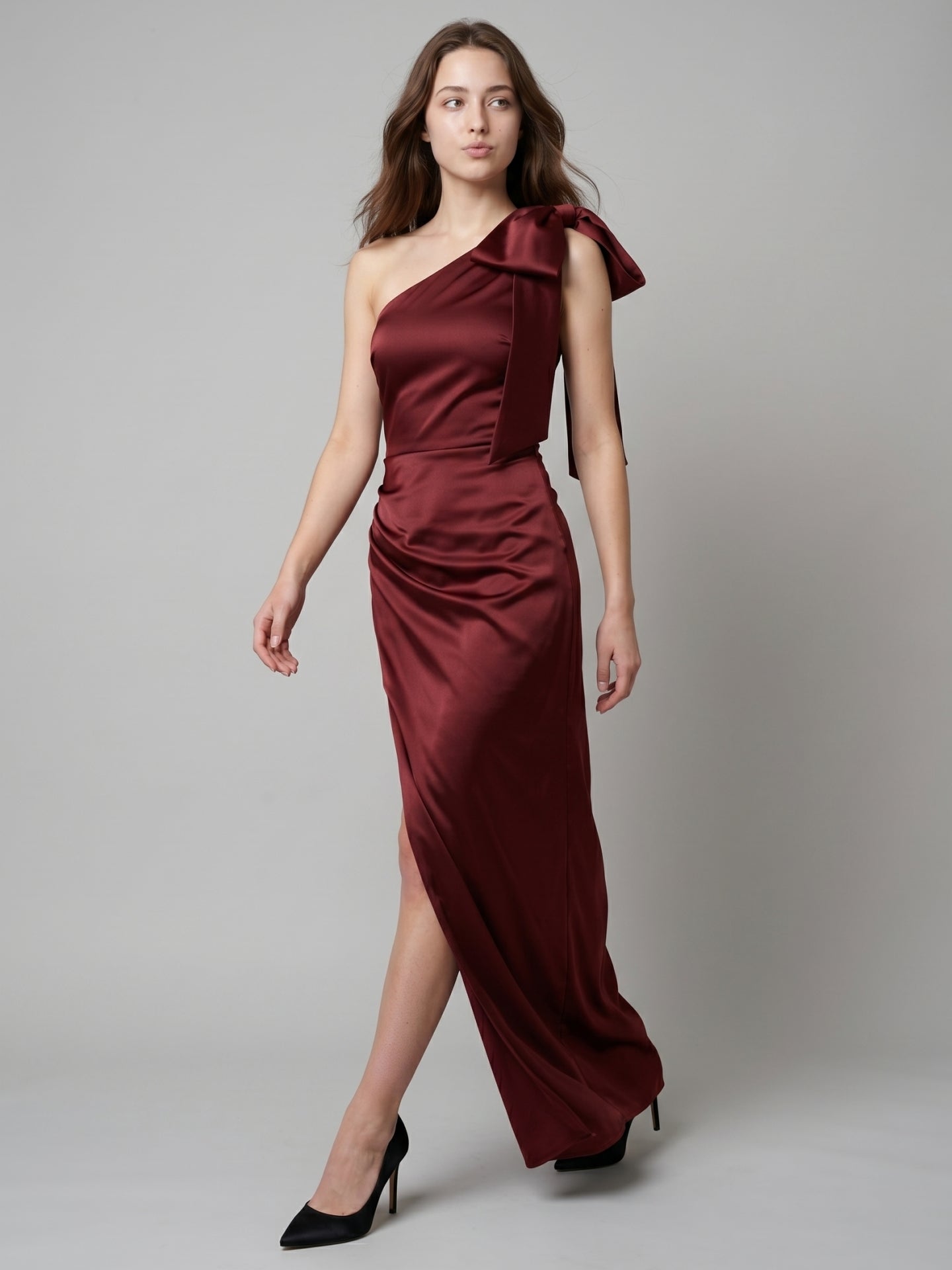 Wine Satin Sheath One Shoulder Side Zip Floor-Length Bridesmaid Dress with Bow