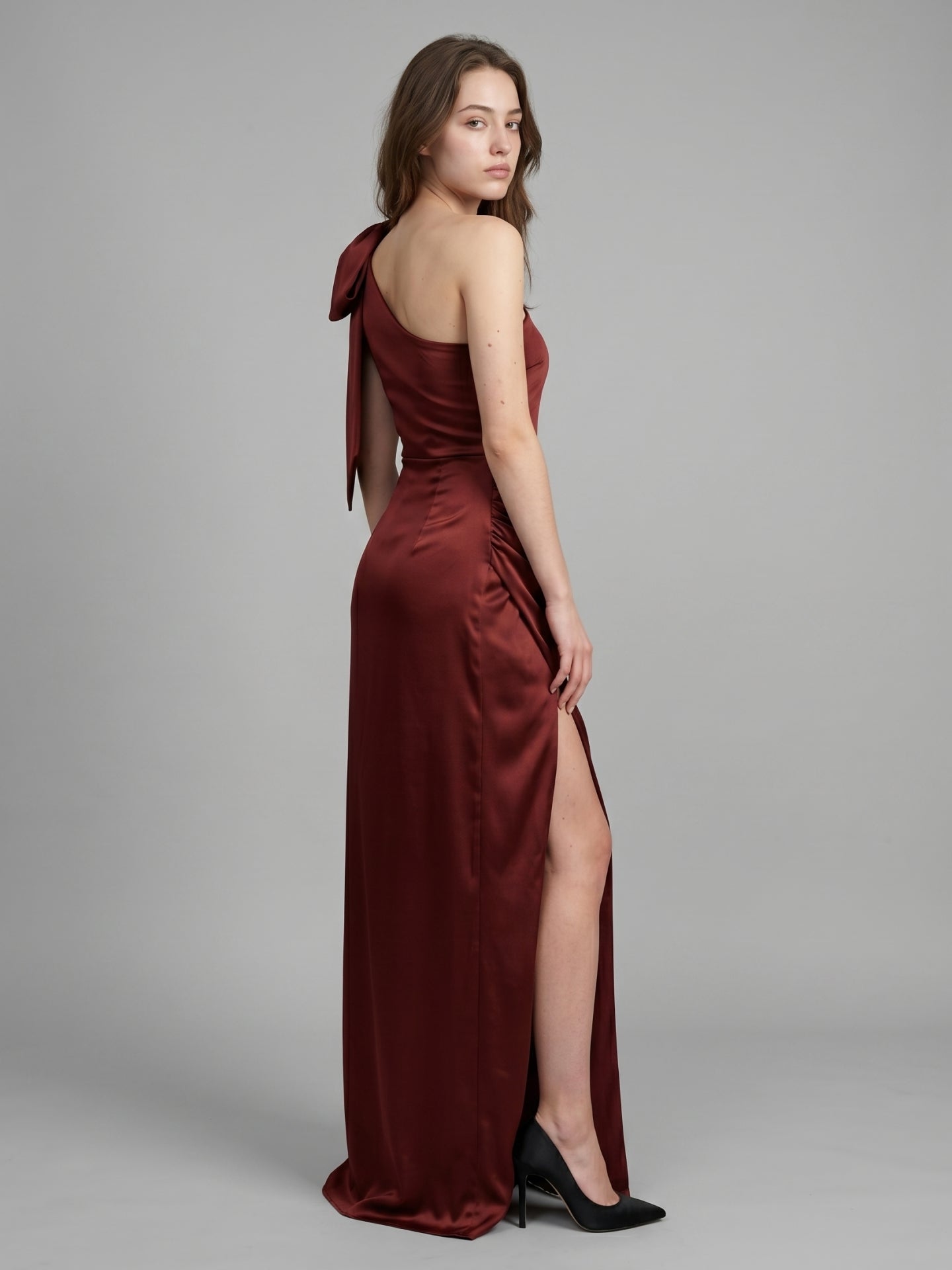 Wine Satin Sheath One Shoulder Side Zip Floor-Length Bridesmaid Dress with Bow