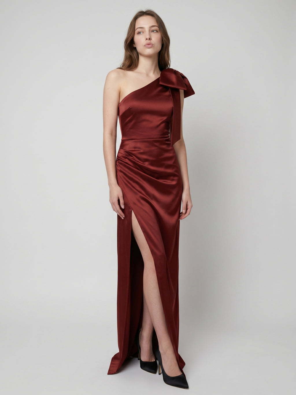 Wine Satin Sheath One Shoulder Side Zip Floor-Length Bridesmaid Dress with Bow