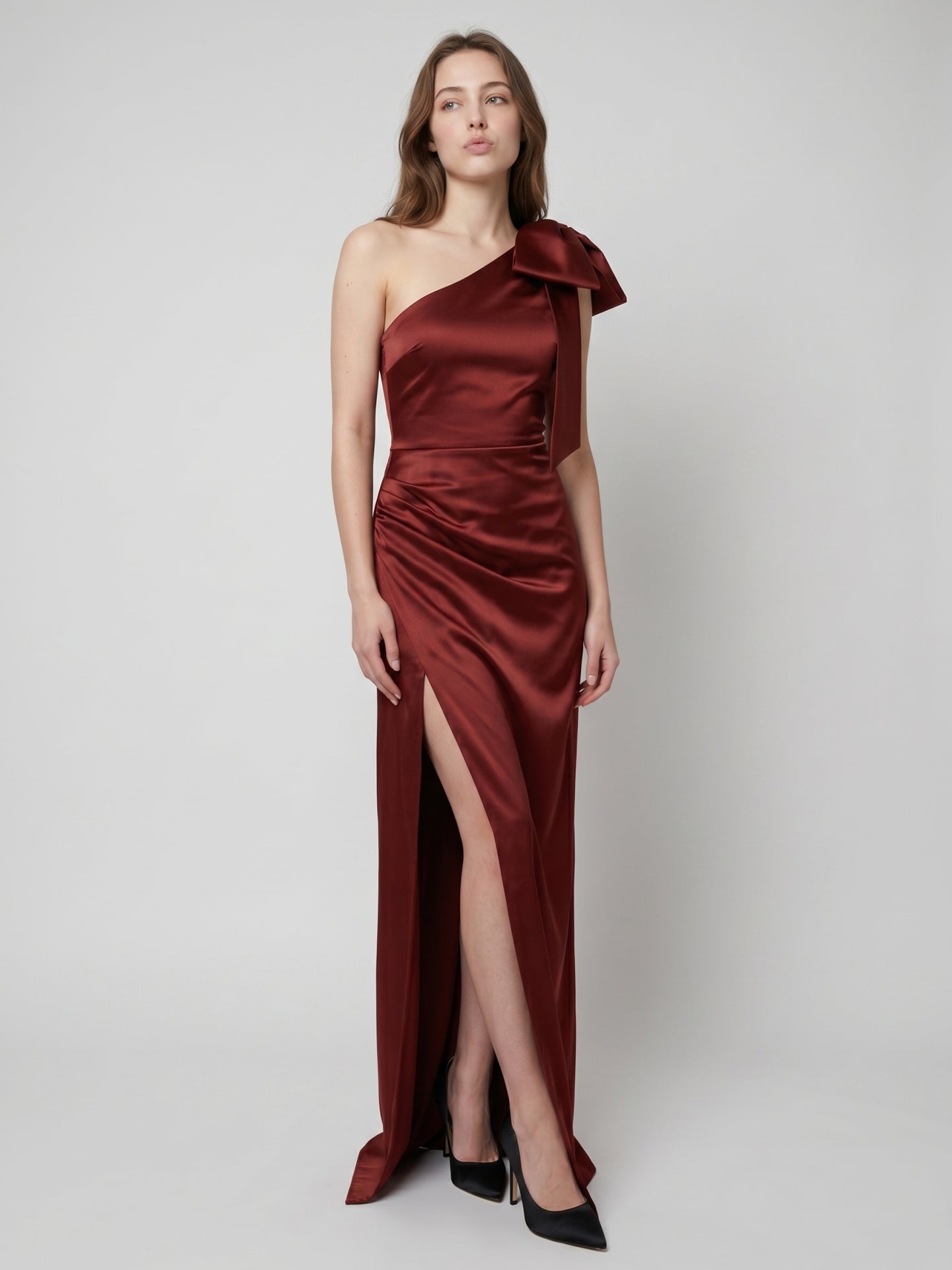 Wine Satin Sheath One Shoulder Side Zip Floor-Length Bridesmaid Dress with Bow