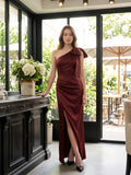 Wine Satin Sheath One Shoulder Side Zip Floor-Length Bridesmaid Dress with Bow