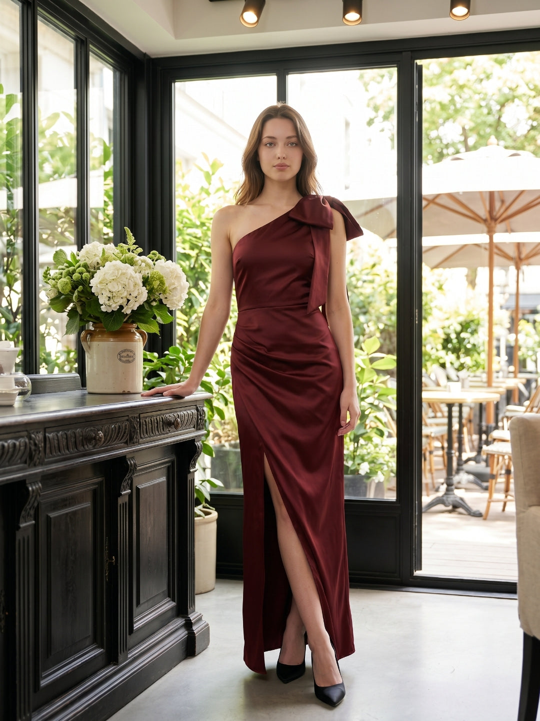 Wine Satin Sheath One Shoulder Side Zip Floor-Length Bridesmaid Dress with Bow