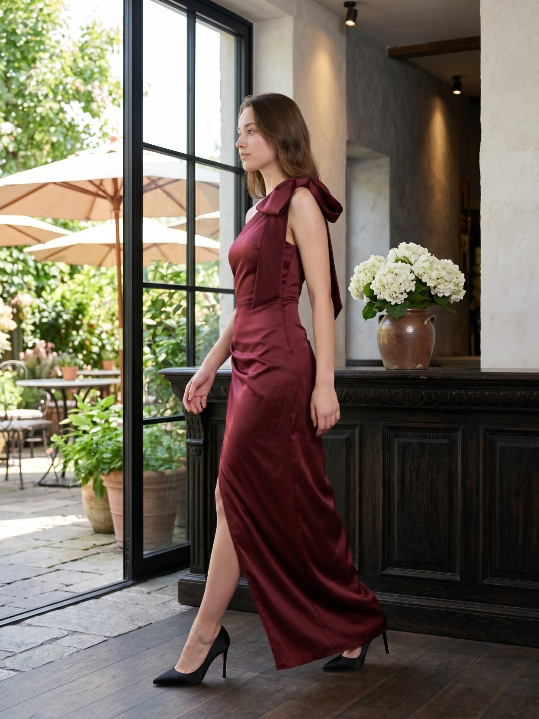 Wine Satin Sheath One Shoulder Side Zip Floor-Length Bridesmaid Dress with Bow