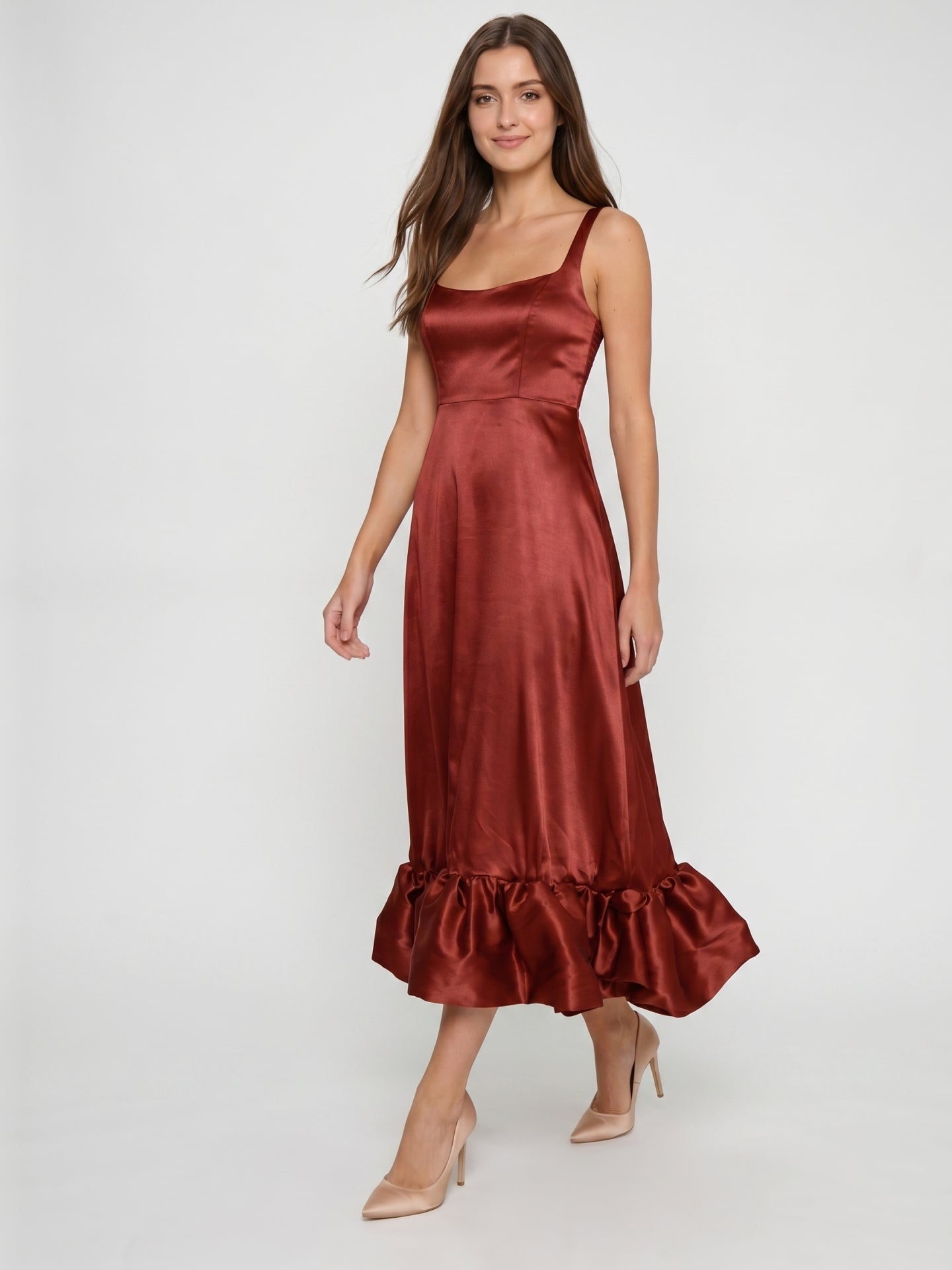 Wine Satin A-Line Square Neck Ankle-Length Bridesmaid Dress with Pleats