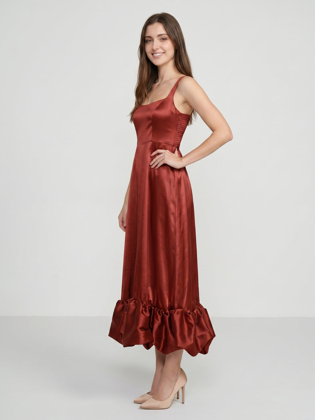 Wine Satin A-Line Square Neck Ankle-Length Bridesmaid Dress with Pleats