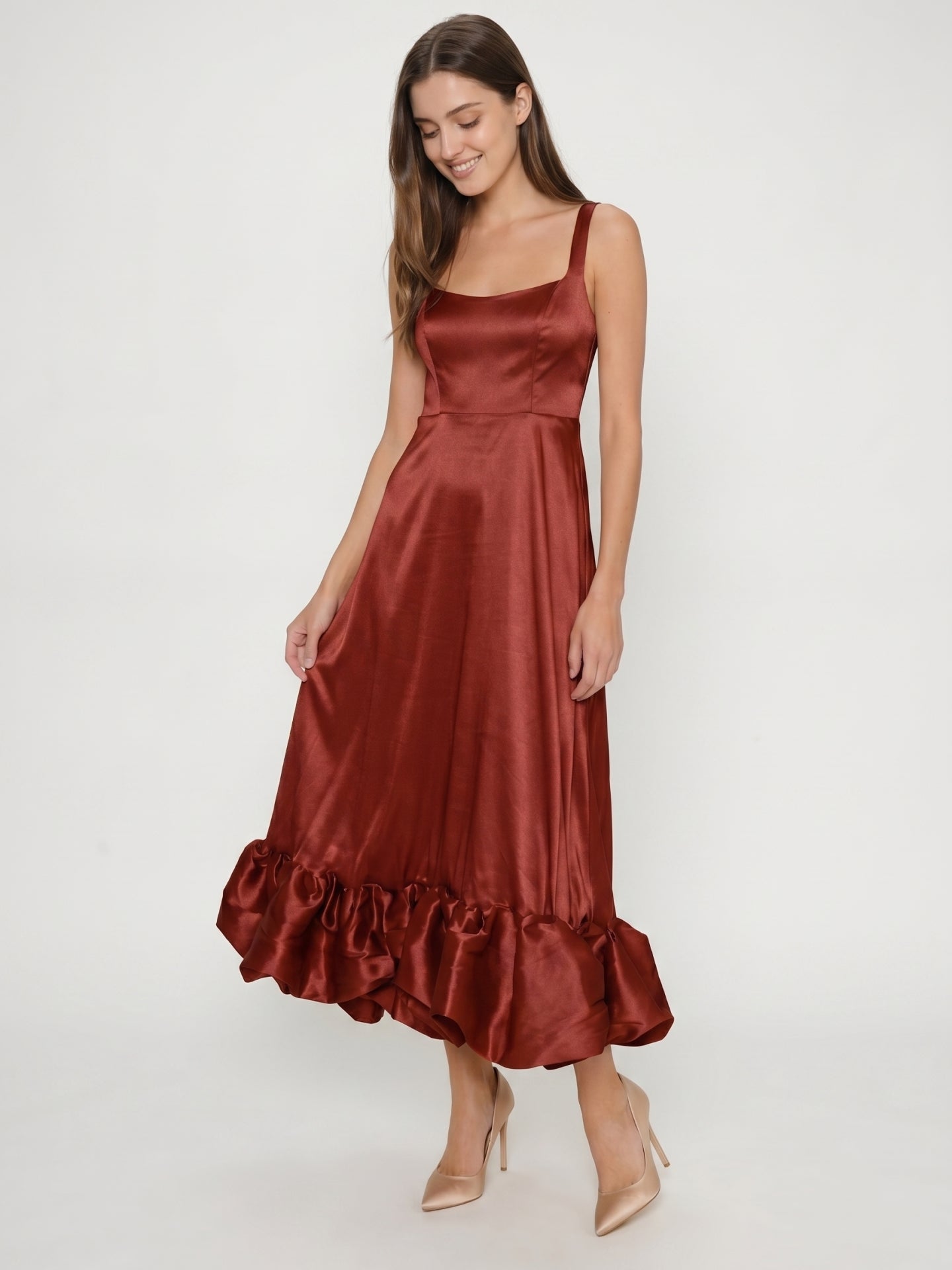 Wine Satin A-Line Square Neck Ankle-Length Bridesmaid Dress with Pleats
