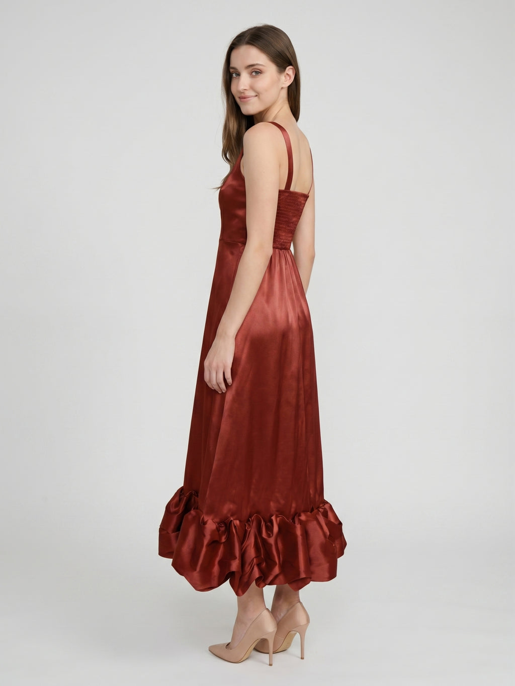 Wine Satin A-Line Square Neck Ankle-Length Bridesmaid Dress with Pleats