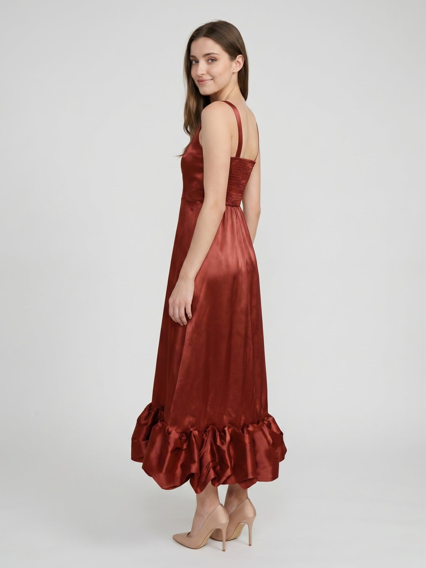 Wine Satin A-Line Square Neck Ankle-Length Bridesmaid Dress with Pleats
