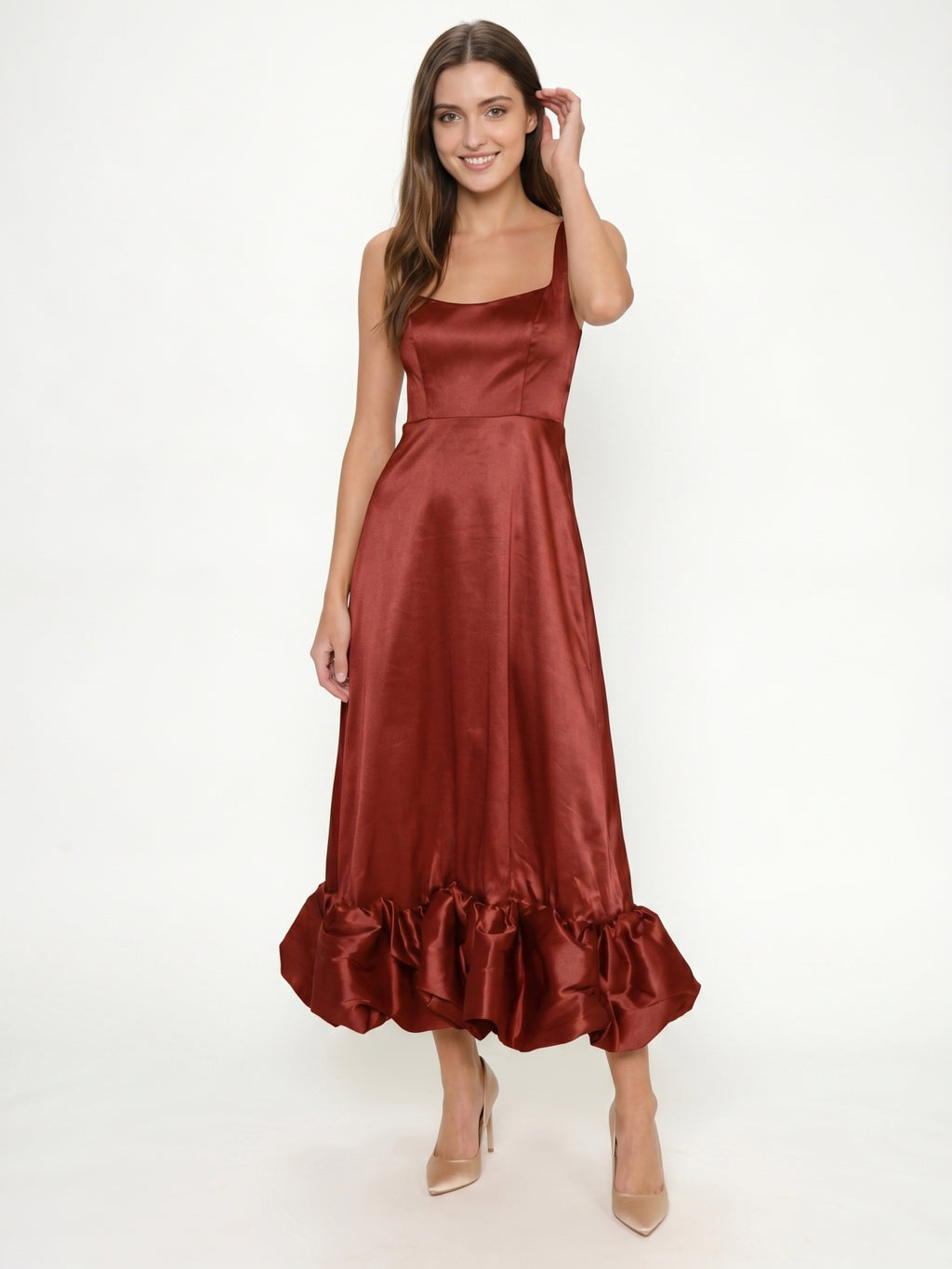 Wine Satin A-Line Square Neck Ankle-Length Bridesmaid Dress with Pleats