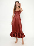 Wine Satin A-Line Square Neck Ankle-Length Bridesmaid Dress with Pleats