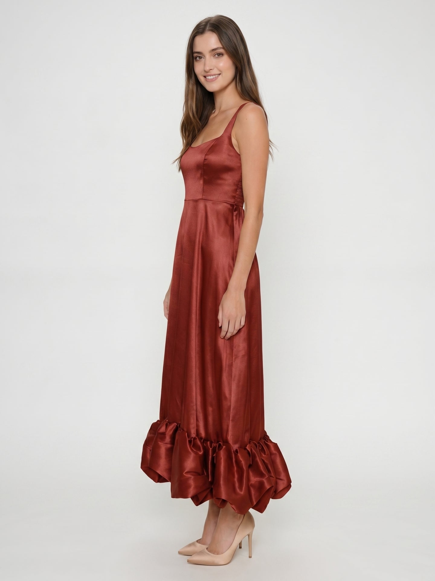 Wine Satin A-Line Square Neck Ankle-Length Bridesmaid Dress with Pleats