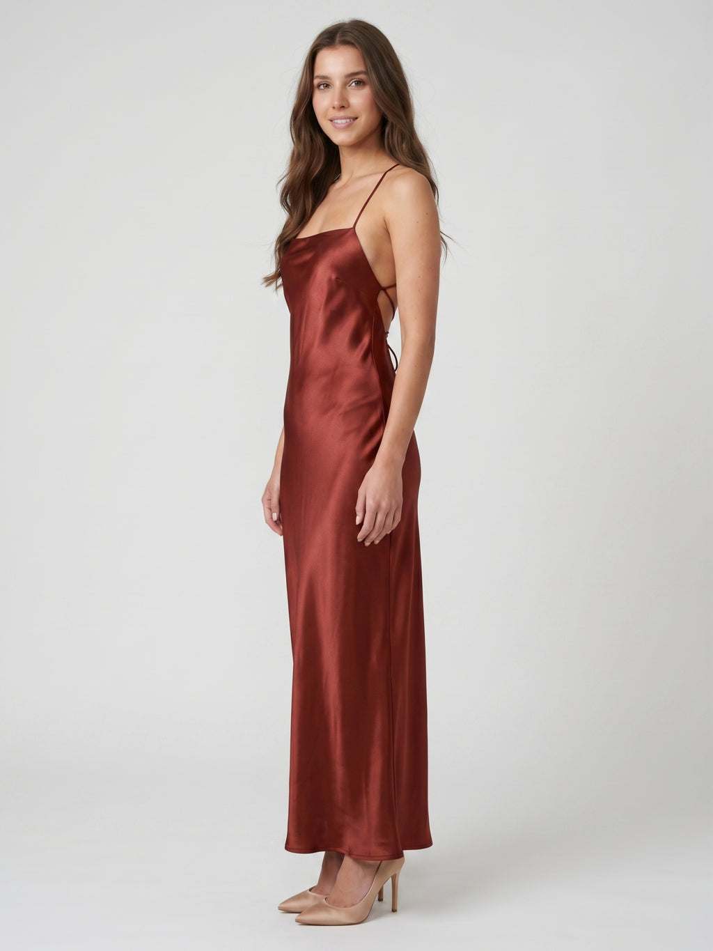 Wine Satin Sheath Square Neck Criss-Cross Straps Ankle-Length Bridesmaid Dress